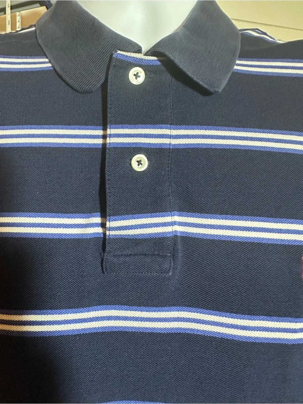 #205 Men's Navy Striped Polo Shirt with Red Logo